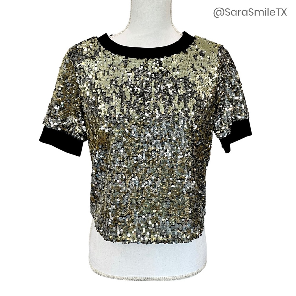 AO.LA by ALICE+OLIVIA - Danica - Gold & Silver Sequin Short Sleeve Top